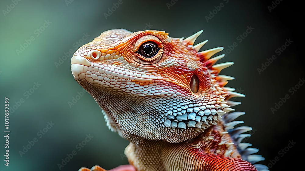 Obraz premium Close-up of a Red-Orange Lizard with Spiky Crest Looking Up, Reptile's Skin Pattern and Eye Detail, Macro Photography of a Scaly Animal.