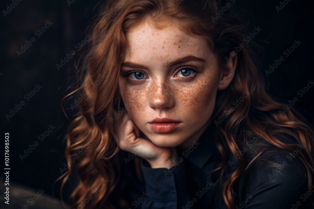 A deep, emotional portrait. The face of a young girl without makeup, with expressive eyes, curly red hair and freckles on her face. Natural female beauty. A deep, emotional portrait. The face of a young girl without makeup, with expressive eyes, curly red hair and freckles on her face. Natural female beauty.