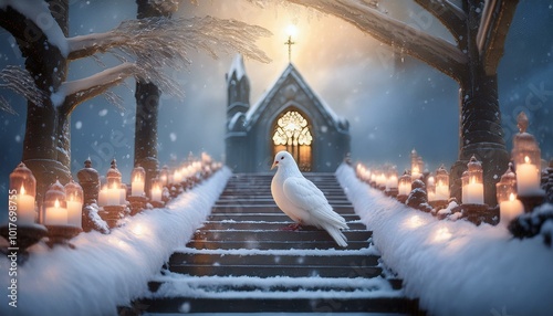A white dove resting on the steps of a snow-covered chapel, illuminated by the soft glow of candles inside.