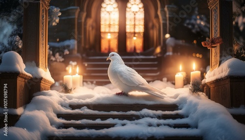 A white dove resting on the steps of a snow-covered chapel, illuminated by the soft glow of candles inside. photo