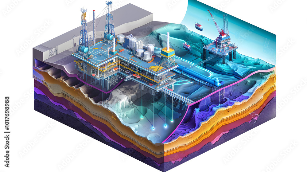 Obraz premium A cutaway view of a vast underground oil reservoir, showing layers of rock and earth with dark, viscous oil pooling in caverns deep below, illuminated by geological graphics and measurements
