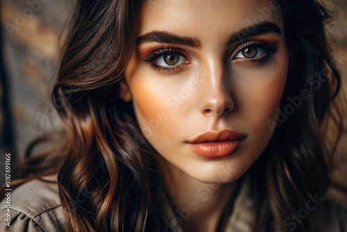 A deep, emotional portrait. The face of a young brunette girl without makeup, with expressive eyes, curly hair. Natural female beauty.