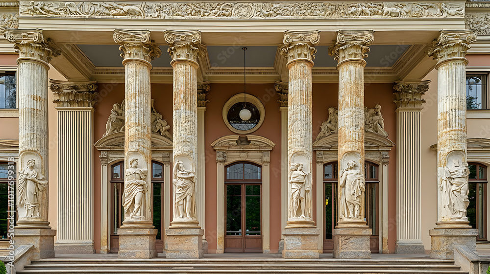 Grand Entrance with Classical Columns and Statues. Grand Entrance with Classical Columns and Statues.