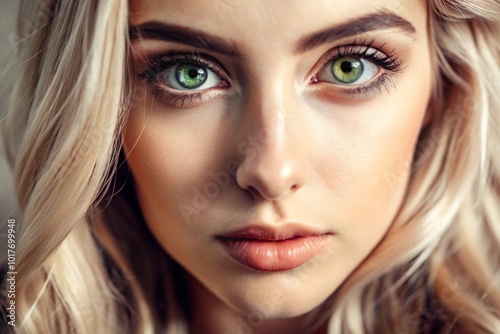 A deep, emotional portrait. The face of a young blonde girl without makeup, with expressive eyes, curly hair. Natural female beauty.