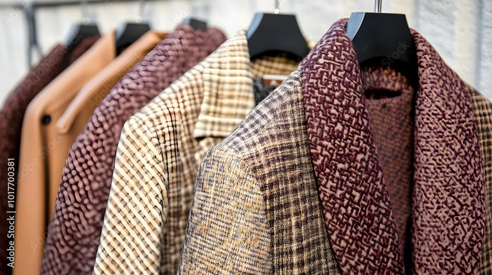 Close up of brown and beige patterned jackets hanging on hangers. Close up of brown and beige patterned jackets hanging on hangers.