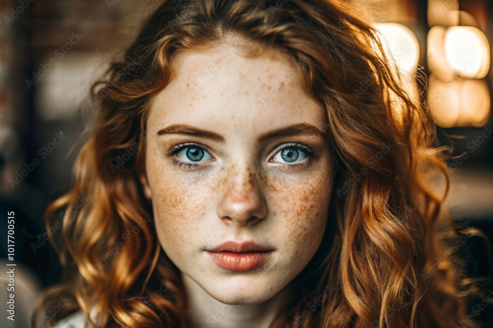 A deep, emotional portrait. The face of a young girl without makeup, with expressive eyes, curly red hair and freckles on her face. Natural female beauty. A deep, emotional portrait. The face of a young girl without makeup, with expressive eyes, curly red hair and freckles on her face. Natural female beauty.