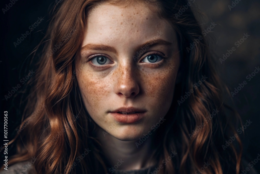 A deep, emotional portrait. The face of a young girl without makeup, with expressive eyes, curly red hair and freckles on her face. Natural female beauty. A deep, emotional portrait. The face of a young girl without makeup, with expressive eyes, curly red hair and freckles on her face. Natural female beauty.