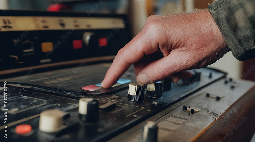 Hand adjusting knobs on old audio mixer. Hand adjusting knobs on old audio mixer.