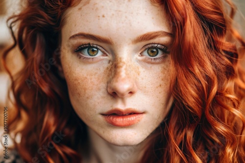 A deep, emotional portrait. The face of a young girl without makeup, with expressive eyes, curly red hair and freckles on her face. Natural female beauty.