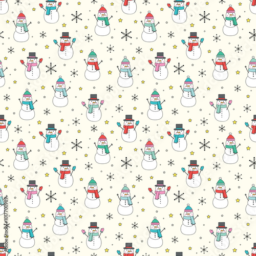 Christmas seamless pattern with cartoon snowman and snowflakes. Vector illustration
