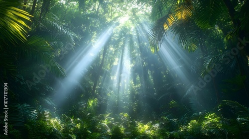 Sunlight streams through a dense jungle canopy, illuminating the lush green foliage with a mystical glow.