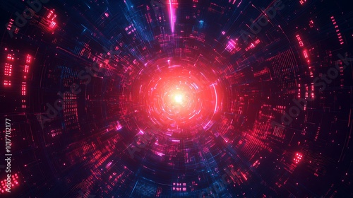 Abstract digital tunnel with red and blue glowing lights.