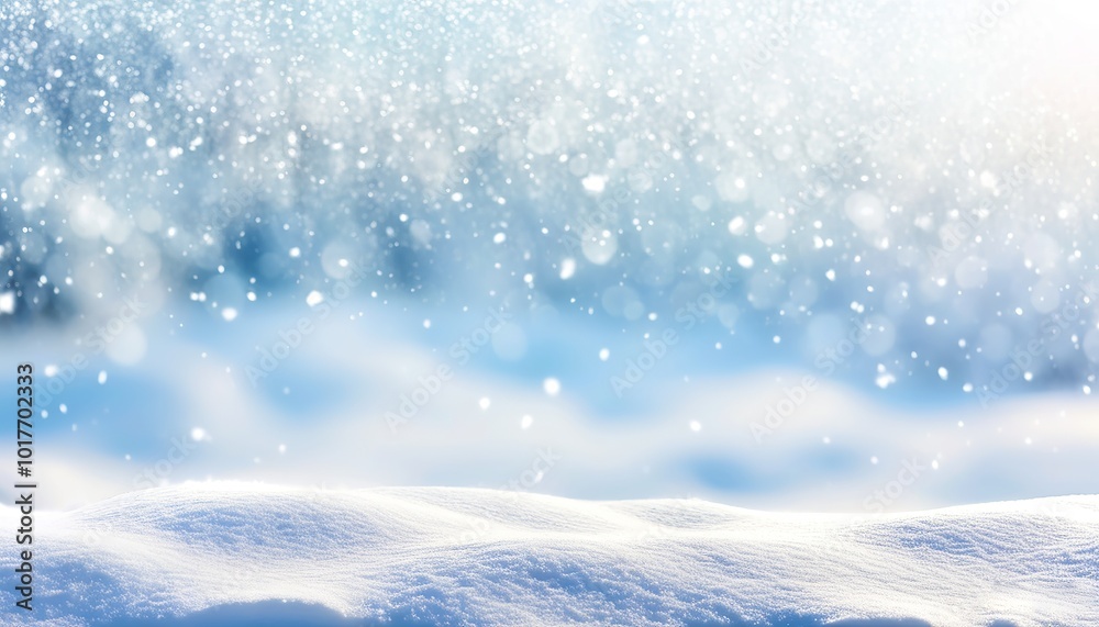 Naklejka premium Winter Snowdrifts Background with Sparkling Snowflakes, Soft Light, Blue Sky, and Bokeh Circles in Banner Format with Ample Copy Space. Made with generative AI technology