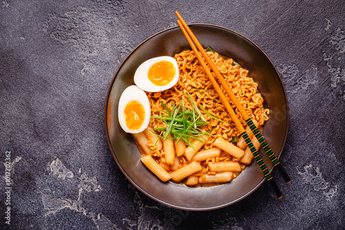 Spicy Rapokki - Korean tteokbokki rice cake and ramen noodle. photo