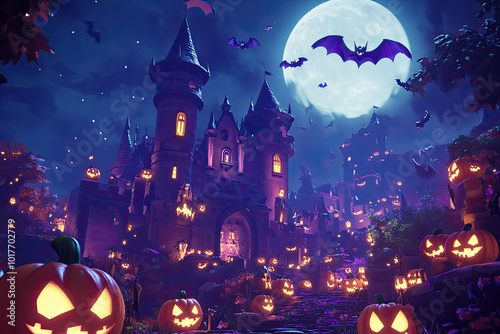 3D cartoon Halloween Night in a Spooky Castle A cheerful yet spooky castle in a night scene with tall towers, happy jack-o’-lanterns along the castle walls,