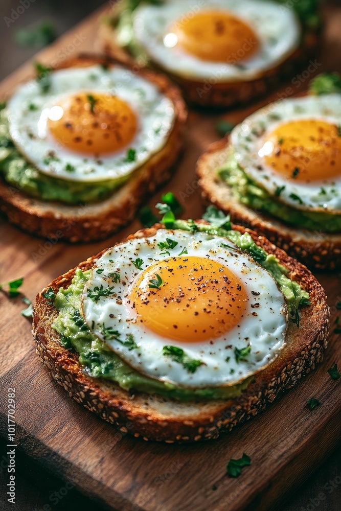 Toasted slices of whole grain bread are generously topped with creamy avocado and perfectly cooked sunny-side up eggs, sprinkled with herbs, creating a nutritious breakfast Toasted slices of whole grain bread are generously topped with creamy avocado and perfectly cooked sunny-side up eggs, sprinkled with herbs, creating a nutritious breakfast