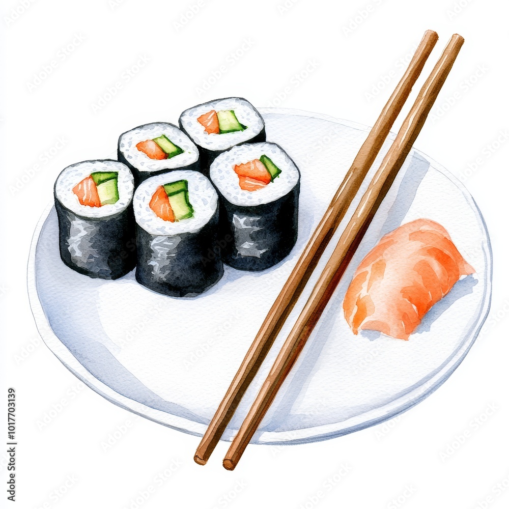Delicious sushi rolls with salmon and cucumber, served on a white plate with chopsticks. Delicious sushi rolls with salmon and cucumber, served on a white plate with chopsticks.