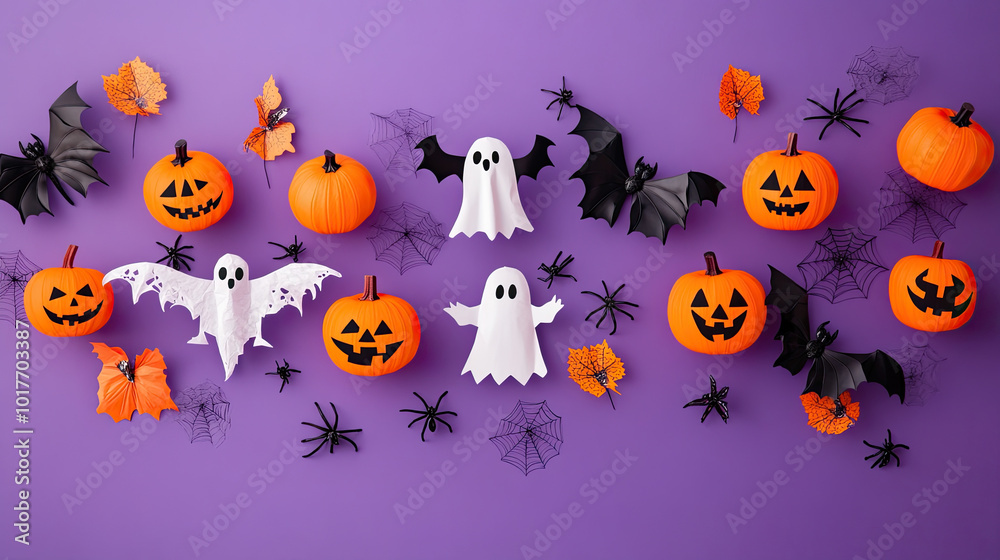 Halloween flat lay composition with paper garland pumpkins, ghosts, spiders, bats on purple background. Halloween flat lay composition with paper garland pumpkins, ghosts, spiders, bats on purple background.