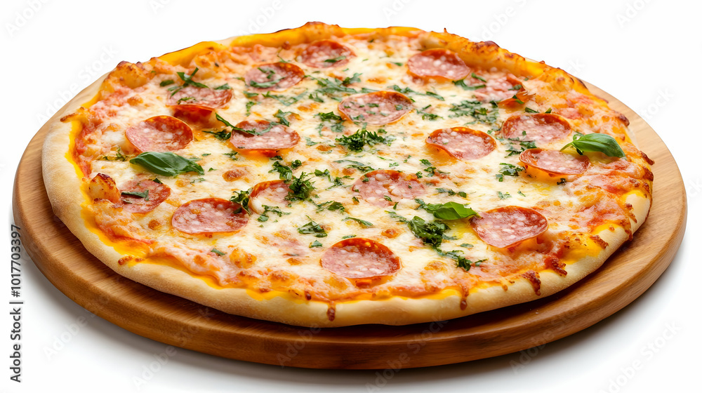 Pepperoni Pizza with Basil on a Wooden Board. Pepperoni Pizza with Basil on a Wooden Board.