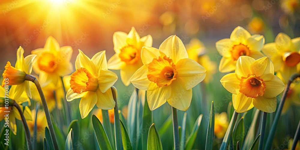 A field of vibrant yellow daffodils bathed in the warm glow of a golden sunset, with each delicate petal illuminated by the sun's rays, creating a captivating scene of springtime beauty. A field of vibrant yellow daffodils bathed in the warm glow of a golden sunset, with each delicate petal illuminated by the sun's rays, creating a captivating scene of springtime beauty.