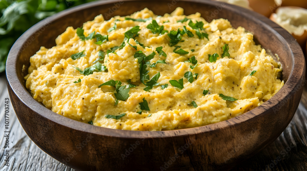 Creamy Polenta with Parsley in Wooden Bowl. Creamy Polenta with Parsley in Wooden Bowl.