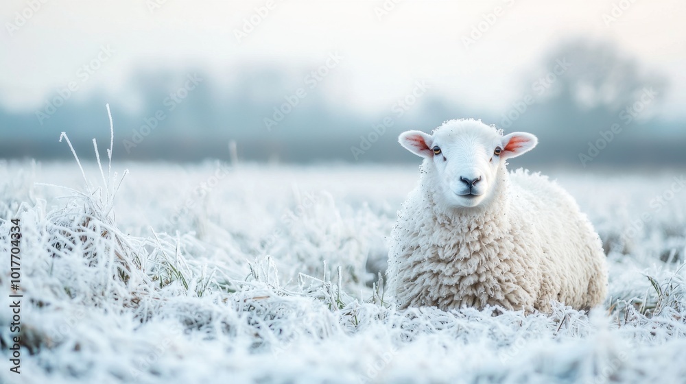 Fototapeta premium Frosty morning with a sheep in a snowy field