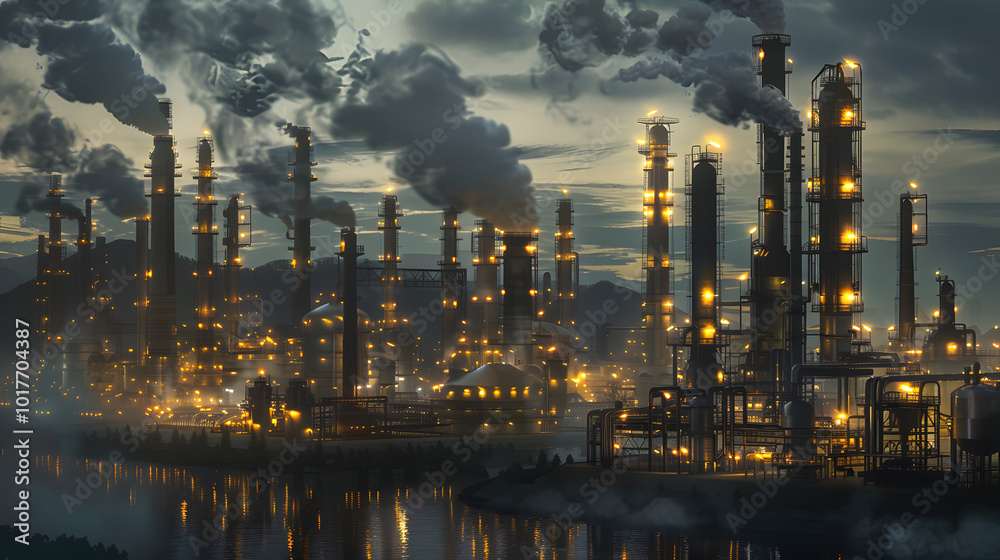 Fototapeta premium A panoramic view of a downstream petrochemical refinery processing plant at night, with a cityscape in the background, lights reflecting off complex machinery and pipes, illustrating urban energy dema
