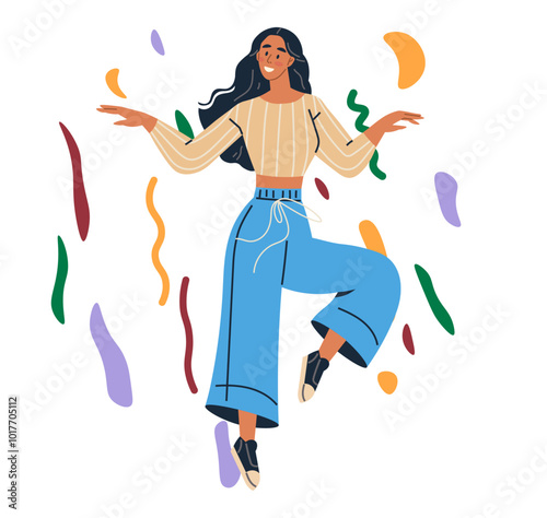 Celebration concept. A woman dances joyfully with colorful confetti and streamers around her. Ideal for party invitations, festive events, dance enthusiasm, joyful occasions, and celebration