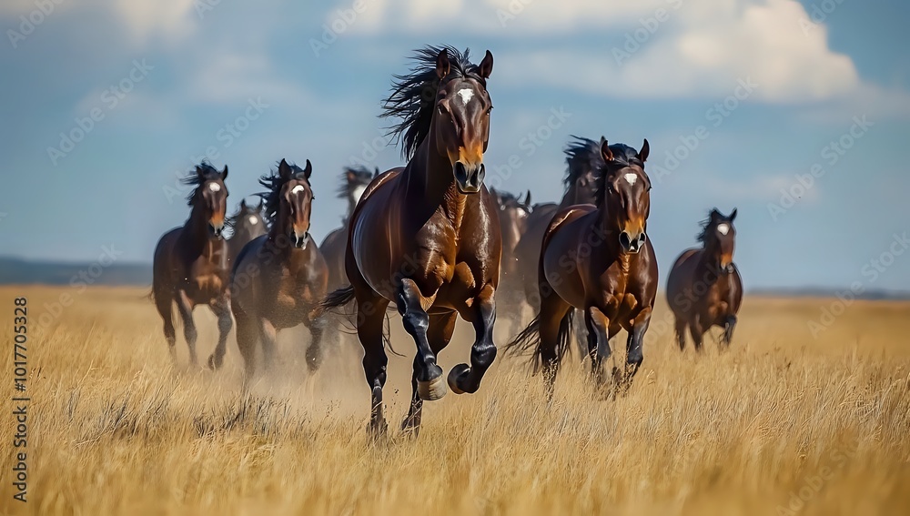 A herd of brown horses running through a field of tall grass with a blue sky and white clouds in the background.