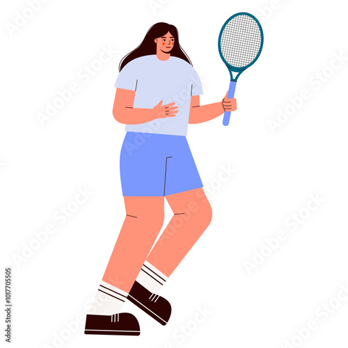 Woman playing tennis vector flat illustration. Female character holding racket. Sportswoman concept.