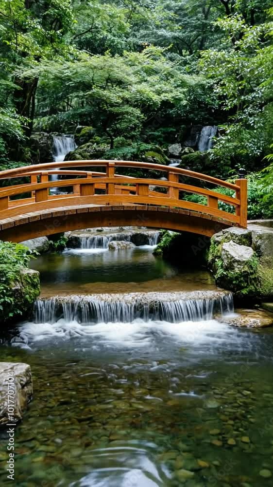A serene wooden bridge over a flowing stream, surrounded by lush greenery and waterfalls. A serene wooden bridge over a flowing stream, surrounded by lush greenery and waterfalls.