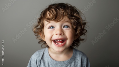 Adorable little boy with wavy brown hair and blue eyes, smiling mischievously at the camera, Little Boy's Joyful Smile: young boy with bright red curly hair, his face radiating pure joy and happiness