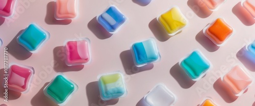 Colorful Laundry Detergent Pods on Pink Background. photo