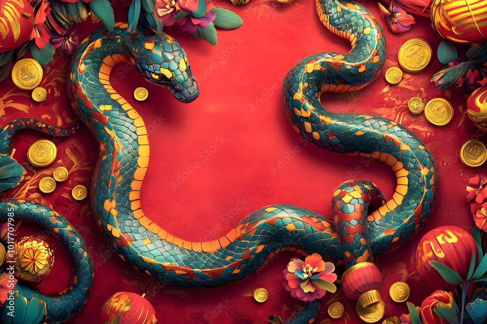 Vibrant Chinese Zodiac Snake on Red Background Vibrant Chinese Zodiac Snake on Red Background