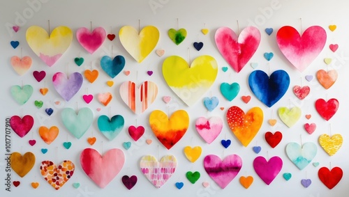 Colorful watercolor hearts in various shades and designs arranged in a creative layout.