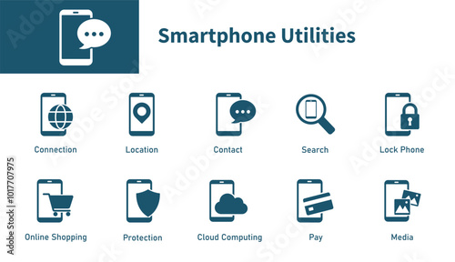 Smartphone utilities icon. Set of solid vector icons theme about digital technology, contacts, fintech, phone.