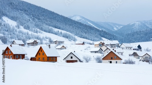 Charming snow covered village nestled in a majestic mountain landscape on a peaceful winter day The quaint cottages and cabins are blanketed in a pristine layer of fresh snow