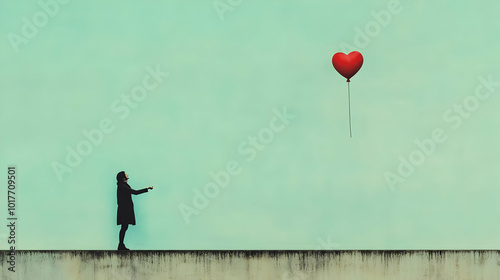 Woman Watching Heart Shaped Balloon Fly Away.