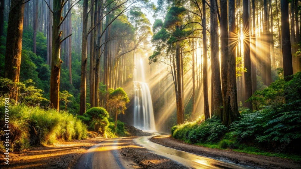 Obraz premium A serene dirt road winds through a lush eucalyptus forest, guiding visitors toward the enchanting Boundary Falls, where nature's beauty awaits in every detail.