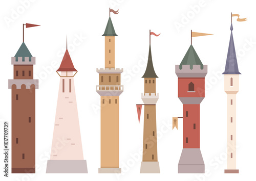 Six differently styled tall towers with various flags. Ideal for medieval themes fairytales architecture historical education and childrens stories. Clean and minimalist style suitable for