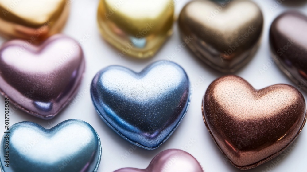 Metallic Heart-Shaped Candies on White Surface Metallic Heart-Shaped Candies on White Surface