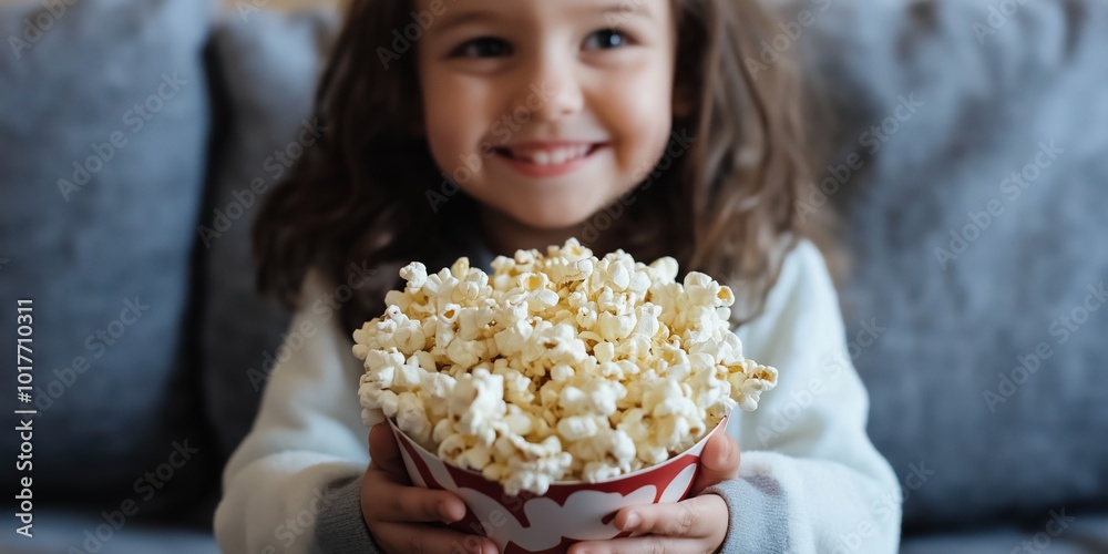 A young girl is holding a bowl of popcorn and smiling. The scene is set in a living room with a couch and a chair A young girl is holding a bowl of popcorn and smiling. The scene is set in a living room with a couch and a chair