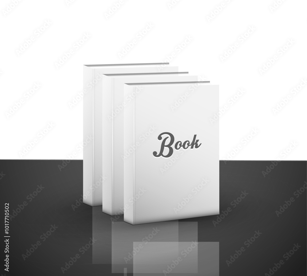 Three white books standing upright side by side on a dark reflective surface. Ideal for educational purposes, marketing campaigns, publishing industry, book cover designs, and branding. Clean modern Three white books standing upright side by side on a dark reflective surface. Ideal for educational purposes, marketing campaigns, publishing industry, book cover designs, and branding. Clean modern