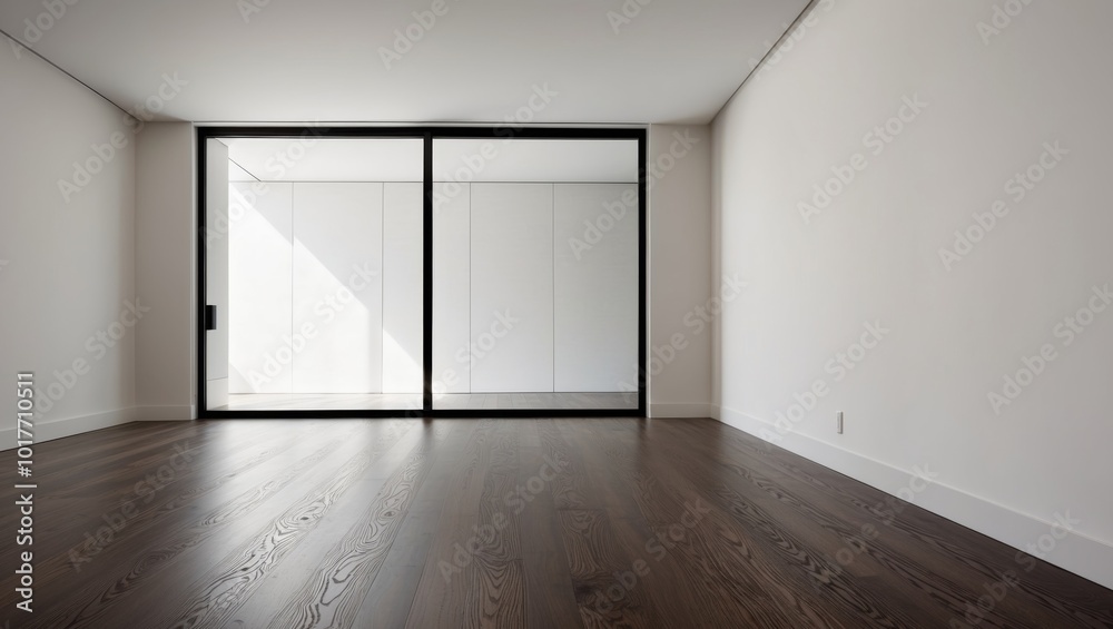 Obraz premium Modern Empty Room with Hardwood Flooring and Large Window.