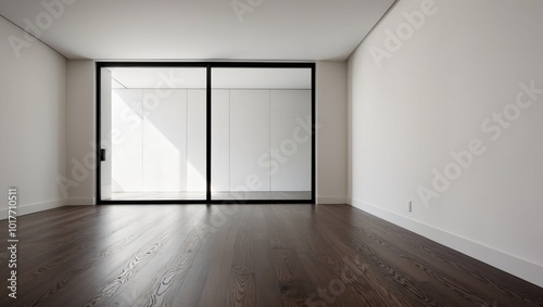 Modern Empty Room with Hardwood Flooring and Large Window.