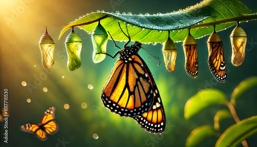 Monarch butterfly emerging from chrysalis on dewy leaf
