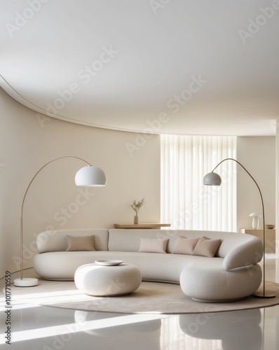 Modern Living Room In Neutral Tones With Curved Architecture Elements And Indirect Lighting.