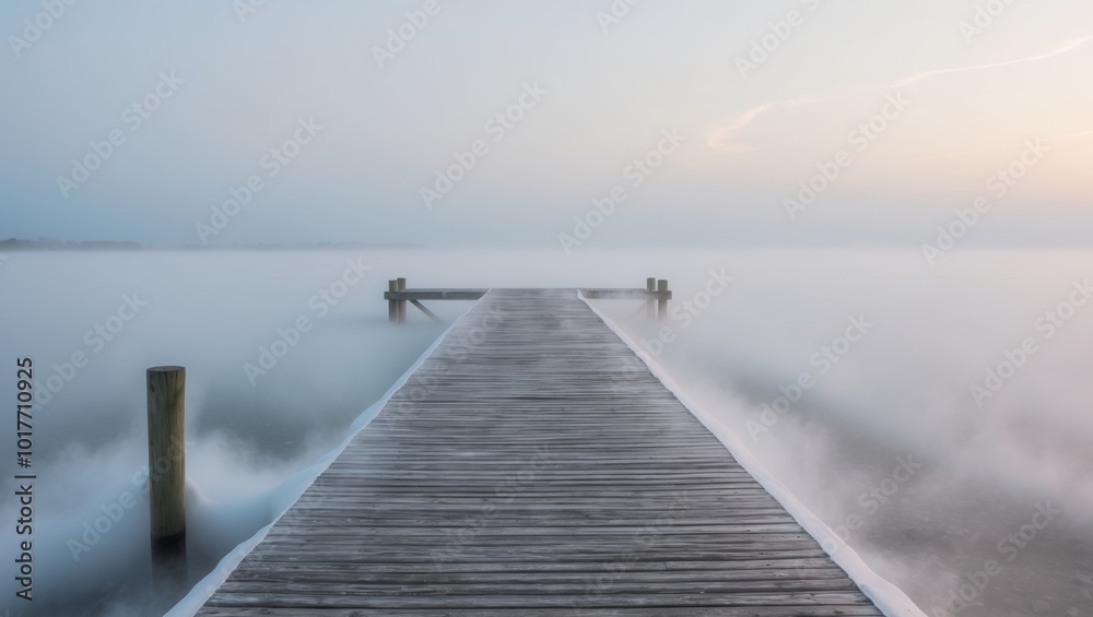 Fototapeta premium Peaceful wooden pier leading into a foggy expanse at dawn.