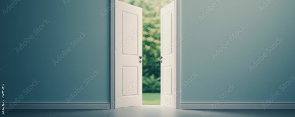 Fototapeta premium Open door leading to a bright new world symbolizing a fresh start and opportunity for growth change and adventure