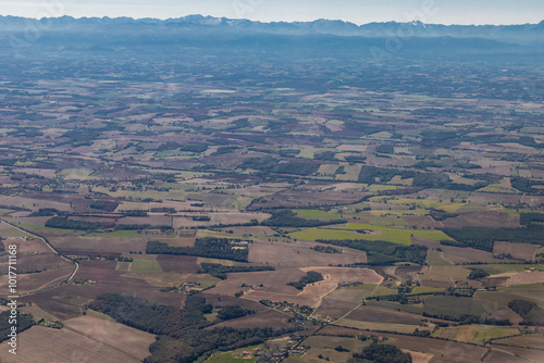 Aerial view over Toulouse city and the Occitania region in the south of France seen from a plane